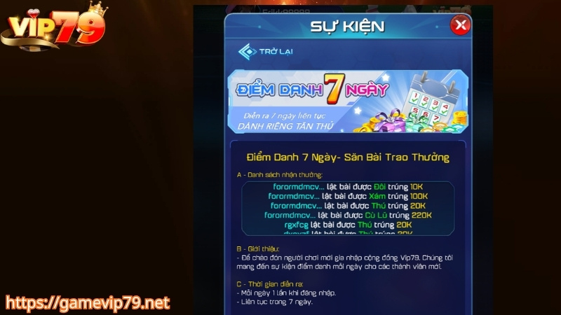 Chương trình khuyến mãi điểm danh 7 ngay tại VIP79